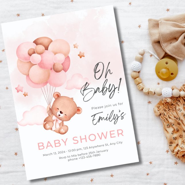 Oh Baby Teddy Bear With Balloon Girl Baby Shower Invitation (Creator Uploaded)