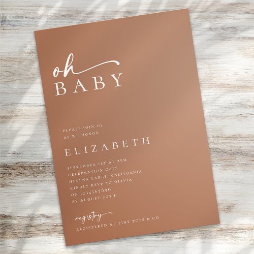 Oh Baby Terracotta Minimalist Script Baby Shower Invitation