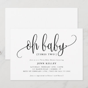 Oh Baby Times Two, Twins Calligraphy Baby Shower Invitation