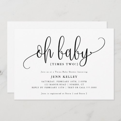 Oh Baby Times Two Twins Calligraphy Baby Shower Invitation