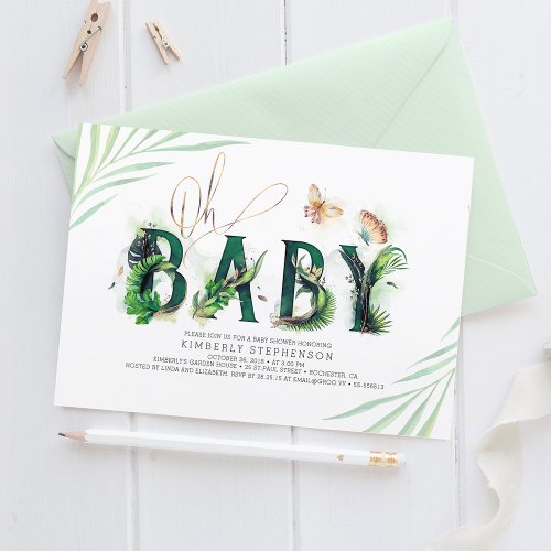 Oh Baby Tropical Greenery and Gold Baby Shower Invitation