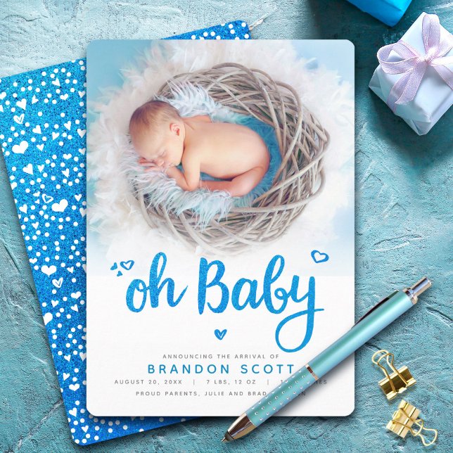 Oh Baby Turquoise Glitter Script Photo Boy Birth Announcement (Creator Uploaded)
