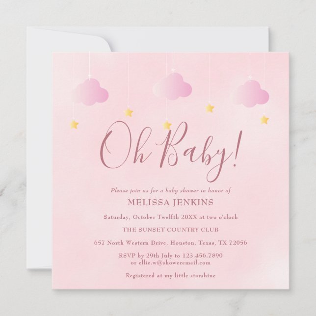 Oh Baby Twinkle Twinkle Soft Pink Baby Shower Invitation (Front)