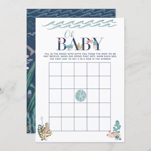 Oh Baby Under the Sea Baby Shower Bingo Game Invitation - Designed to coordinate with our bestselling Under the Sea Oh Boy, Oh Baby and Oh Baby Baby shower invitations, this baby shower bingo game features 'BABY' in letters decorated with sea creatures, and the back features and watercolor underwater mural scene. Copyright Elegant Invites, all rights reserved.
