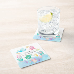 Oh Baby Under The Sea Baby Shower Square Paper Coaster