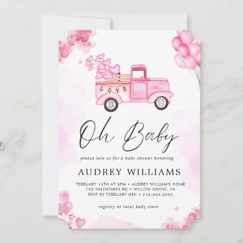Oh Baby Valentines Pink Car Script Baby Shower Invitation