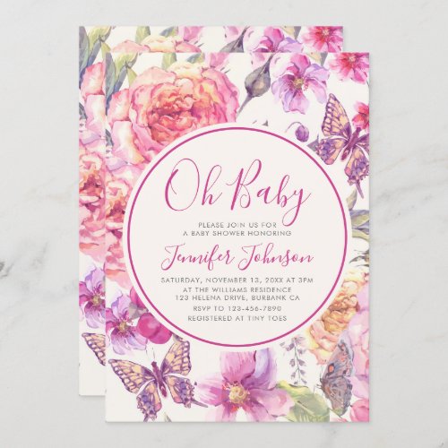 Oh Baby Vintage Floral Butterfly Baby Shower Invitation