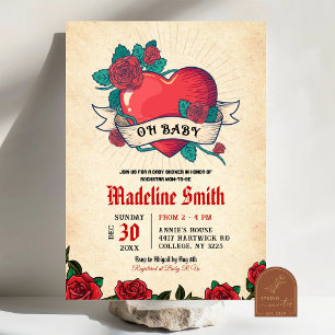 Oh Baby Vintage Tattoo Heart Baby Shower Invitation