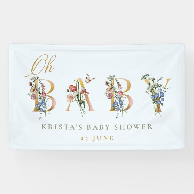 Oh Baby Vintage Wildflower Blue Baby Shower  Banner (Horizontal)
