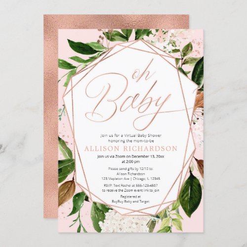 Oh Baby Virtual Baby Shower Girl rose gold green Invitation