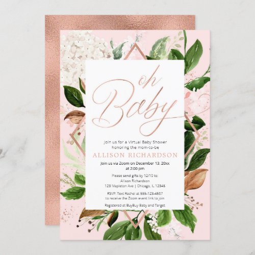 Oh Baby Virtual Baby Shower rose gold greenery Invitation