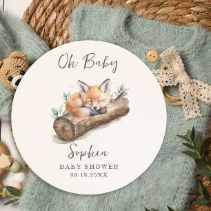 Oh Baby Warm Beige Woodland Fox Baby Shower Classic Round Sticker