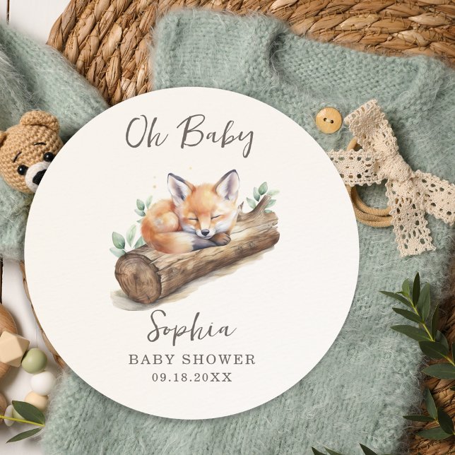 Oh Baby Warm Beige Woodland Fox Baby Shower  Classic Round Sticker (Creator Uploaded)