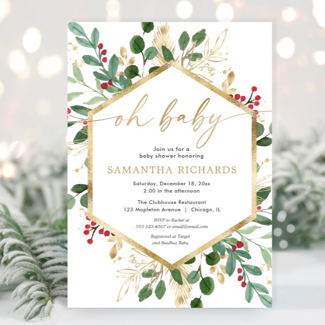 Oh Baby watercolor Christmas hollies baby shower Invitation
