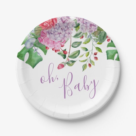 oh Baby Watercolor Floral Tropical Baby Shower Paper Plate