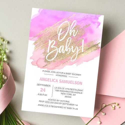 OH BABY Watercolor Gold Pink Purple Baby Shower Invitation