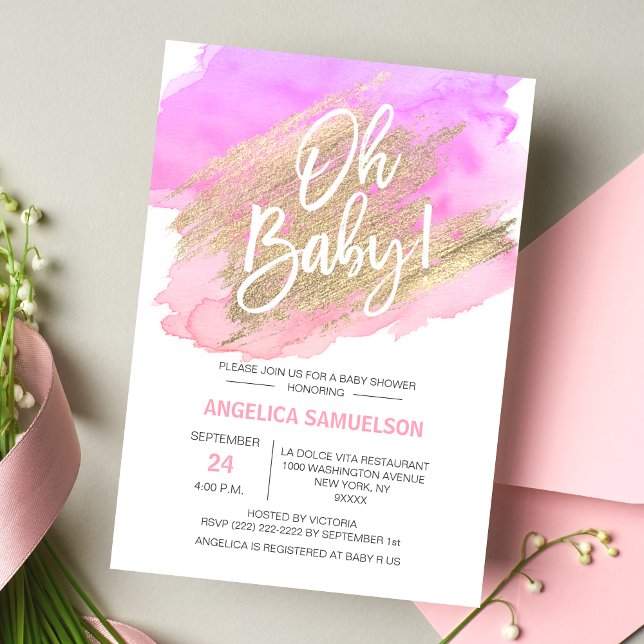 OH BABY! Watercolor Gold Pink Purple Baby Shower Invitation (OH BABY! Watercolor Gold Pink Purple Baby Shower Invitation.  Modern & trendy invites for baby girl)