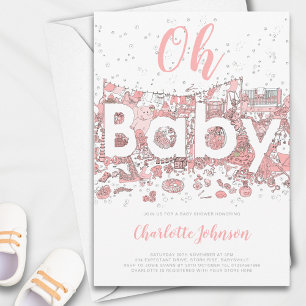 Oh Baby Watercolor Pink Baby Shower Invitation