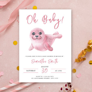 Oh Baby! Watercolor Pink Seal Baby Shower Invitation