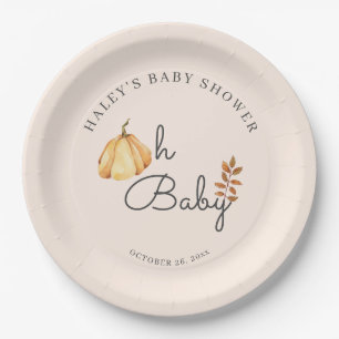 Oh Baby Watercolor Pumpkin Fall Rustic Baby Shower Paper Plates