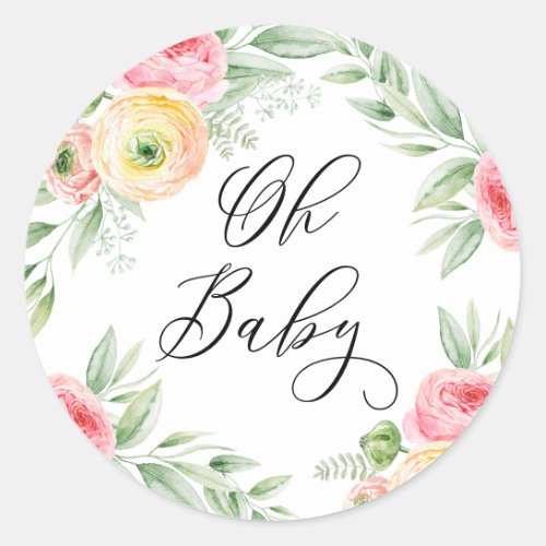 Oh Baby Watercolor Ranunculus Flowers Baby Shower Classic Round Sticker