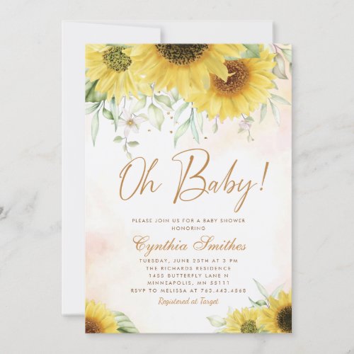 Oh Baby Watercolor Sunflower Floral Baby Shower    Invitation