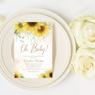 Oh Baby Watercolor Sunflower Floral Baby Shower Invitation