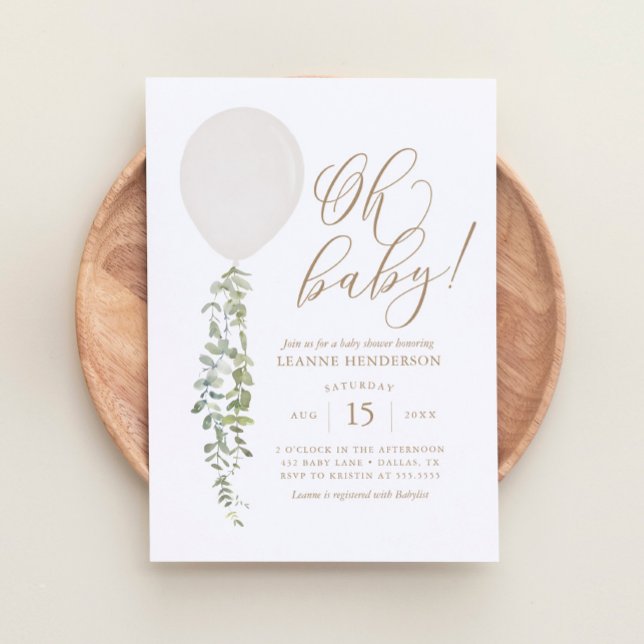 Oh Baby White Balloon Eucalyptus Baby Shower Invitation (Creator Uploaded)