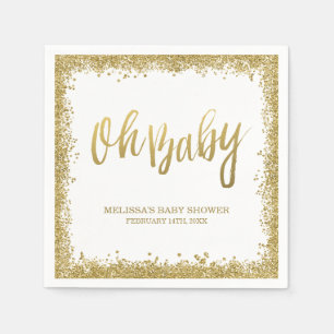 Oh Baby White Gold Faux Glitter Baby Shower Paper Napkins