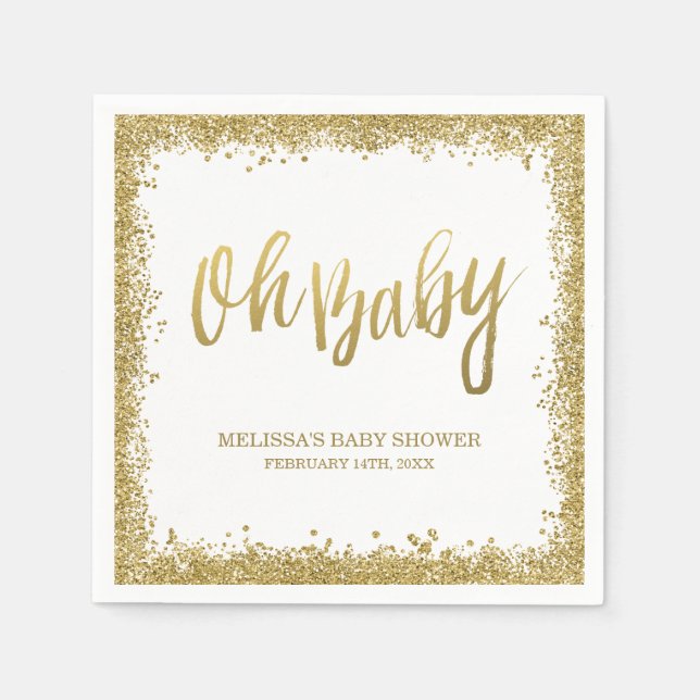 Oh Baby White Gold Faux Glitter Baby Shower Paper Napkins (Front)