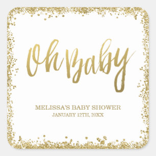 Oh Baby White Gold Faux Glitter Baby Shower Square Sticker
