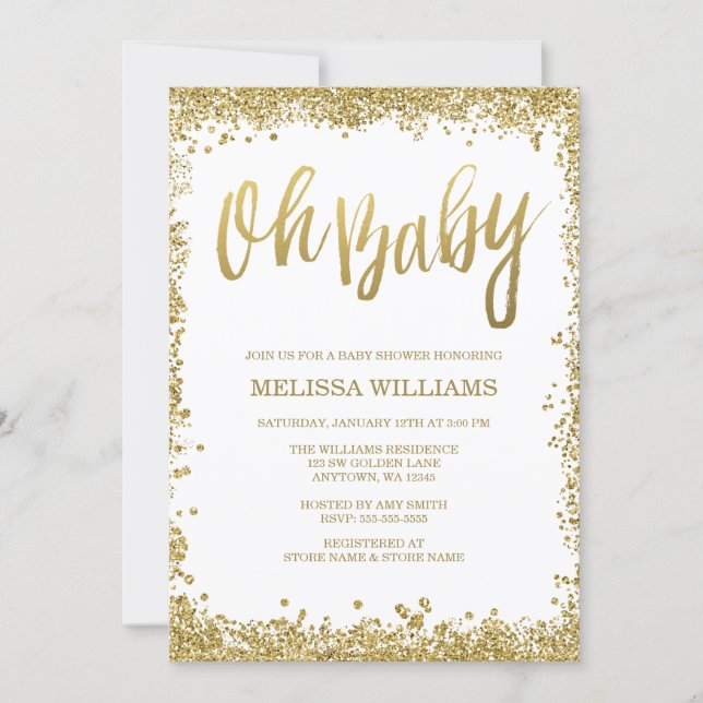 Oh Baby White Gold Glitter Baby Shower Invitation (Front)