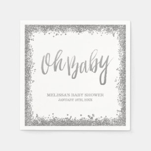 Oh Baby White Silver Faux Glitter Baby Shower Napkins