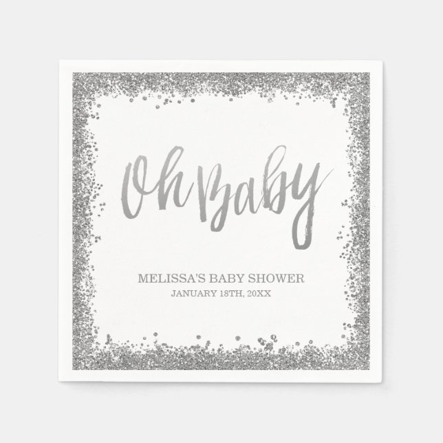 Oh Baby White Silver Faux Glitter Baby Shower Napkins (Front)
