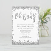 Oh Baby White Silver Glitter Baby Shower Invitation (Standing Front)