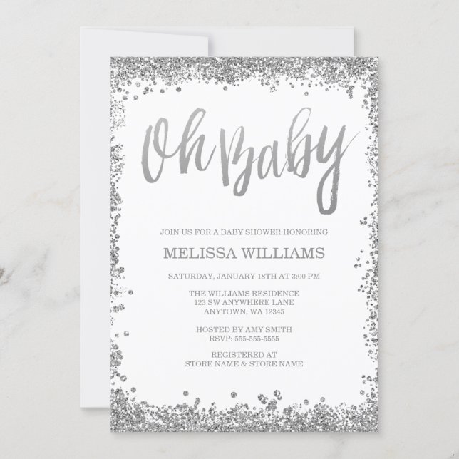 Oh Baby White Silver Glitter Baby Shower Invitation (Front)