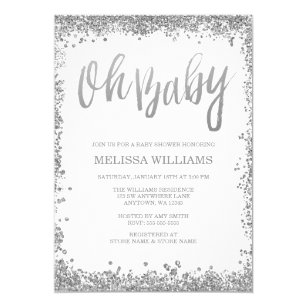 Silver White Baby Shower Invitations | Zazzle