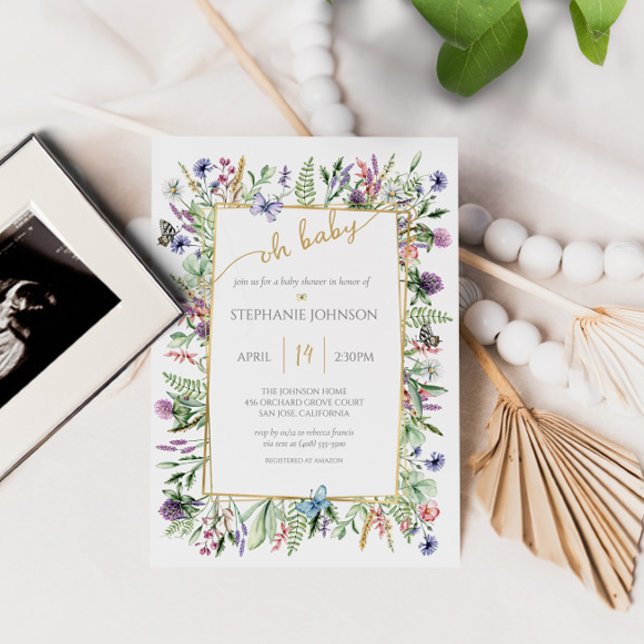 Oh Baby Wildflower Garden Gold Frame Baby Shower Invitation (Creator Uploaded)