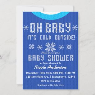OH BABY Winter Baby Shower Knit Sweater Blue White Invitation