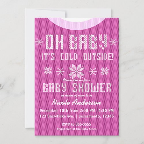 OH BABY Winter Baby Shower Knit Sweater Pink Invitation