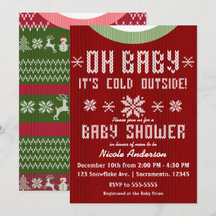 OH BABY Winter Baby Shower Knit Sweater Red Green Invitation