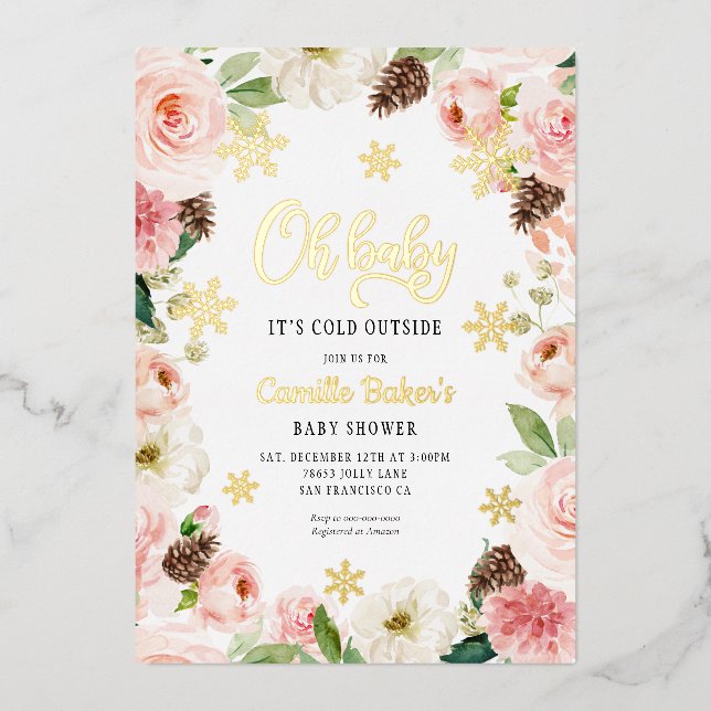 Oh Baby Winter Girl Baby Shower Foil Invitation (Front)