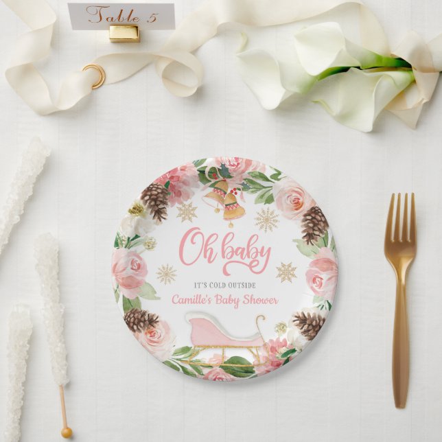 Oh Baby Winter Girl Baby Shower Personalized Paper Paper Plates (Wedding)