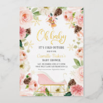 Oh Baby Winter Girl Baby Shower Pink and Gold Foil Foil Invitation