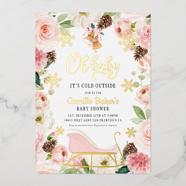 Oh Baby Winter Girl Baby Shower Pink and Gold Foil Invitation (Front)