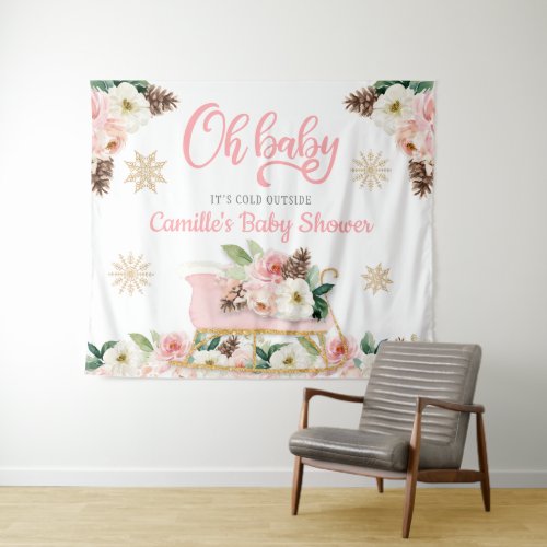 Oh Baby Winter Pink Floral Baby Shower Backdrop