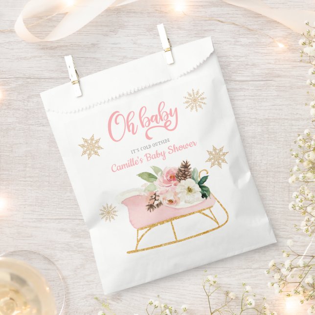 Oh Baby Winter Pink Girl Baby Shower Favor Bag (Clipped)