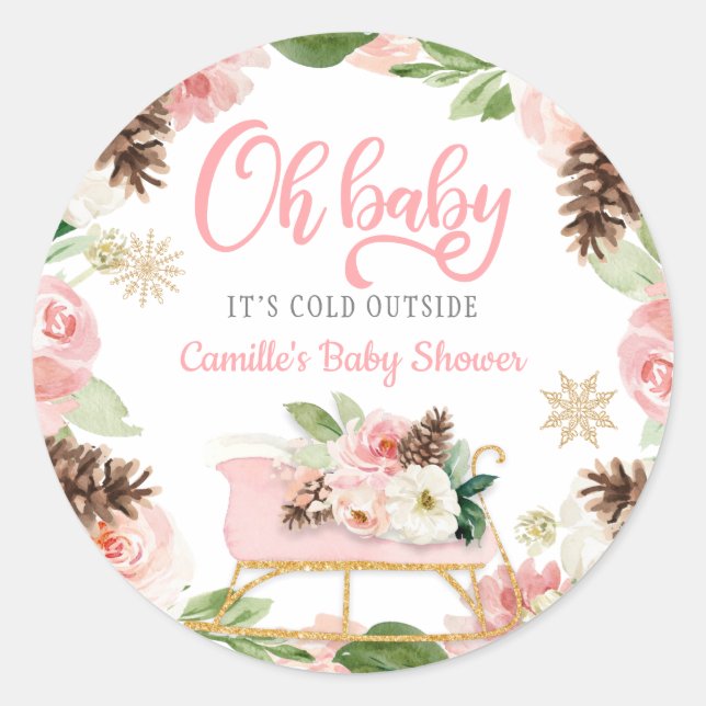 Oh Baby Winter Pink Girl Baby Shower Favor Classic Round Sticker (Front)