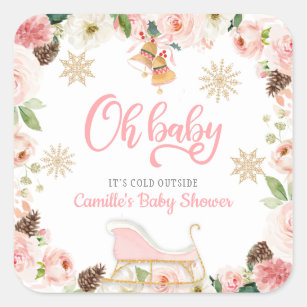 Oh Baby Winter Pink Girl Baby Shower Favor Square Sticker