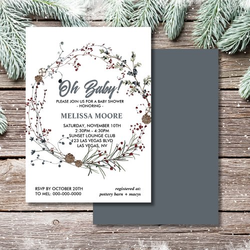 Oh baby winterberry greenery pinecones invitation